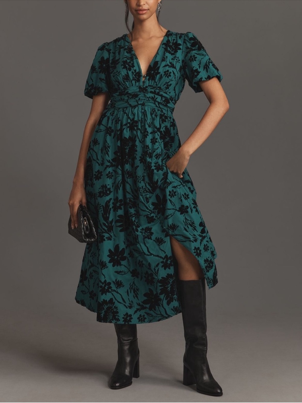 NWOT Teal Floral Midi Dress with Black Velvet Print
